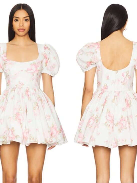 NEW NWT Selkie Sofia Puff Sleeve Sweetheart Mini Babydoll Dress Morning Roses - Picture 2 of 13